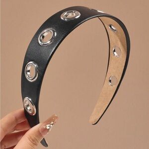 Black Leather Headband with Silver Accents